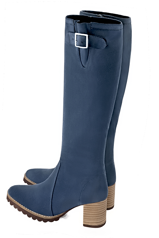 Denim blue women's knee-high boots with buckles. Round toe. Medium block heels. Made to measure. Rear view - Florence KOOIJMAN